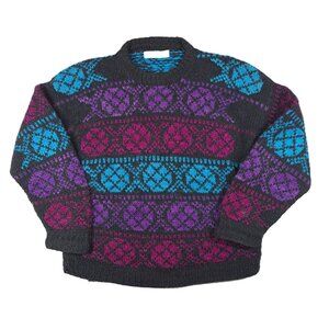 Vintage Womens Snow Fox Sweater Purple Wool Himalayan Hand Knit 90s XL Oversized